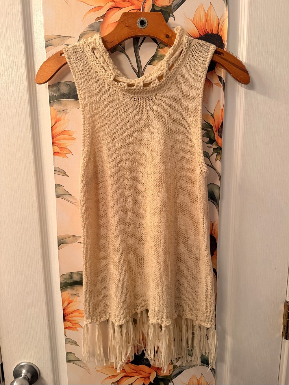 Pepin Cream Sleeveless Knit Tank with Crochet Neck & Fringe Hem